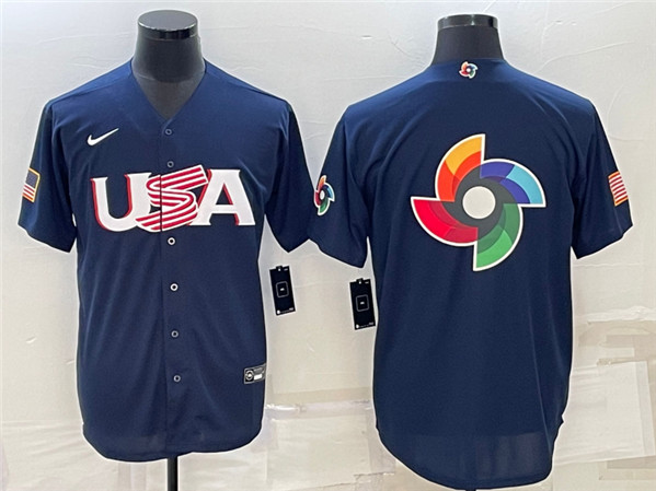 Men's USA Baseball Blank 2023 Navy World Baseball Big Logo With Patch Classic Stitched Jersey